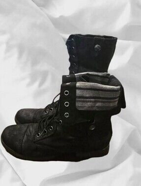 Bongo Black Fold Down Striped Cuff Lace Up Combat Boots